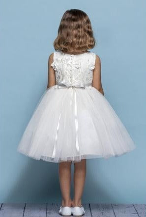 Rosebud Fashions Style 5135 is a sleeveless dress with a beaded satin bodice and a knee length tulle skirt. The ribbon at the waist ties to a bow in the back. Satin buttons cover the zipper. Short Flower Girl Dress, Girls Formal Party Dress.