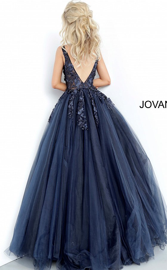 Jovani 55634 floral appliques v neckline prom dress ballgown.  Tulle ballgown, floor length, floral appliques, sheer sleeveless bodice, bra cups, v neckline and back.  Available Colors: champagne, navy/black, off white/blush, off white/light blue, off white/off white, off white/yellow, off white/ lilac, red, teal, black/black,   Available Sizes: 00 - 24