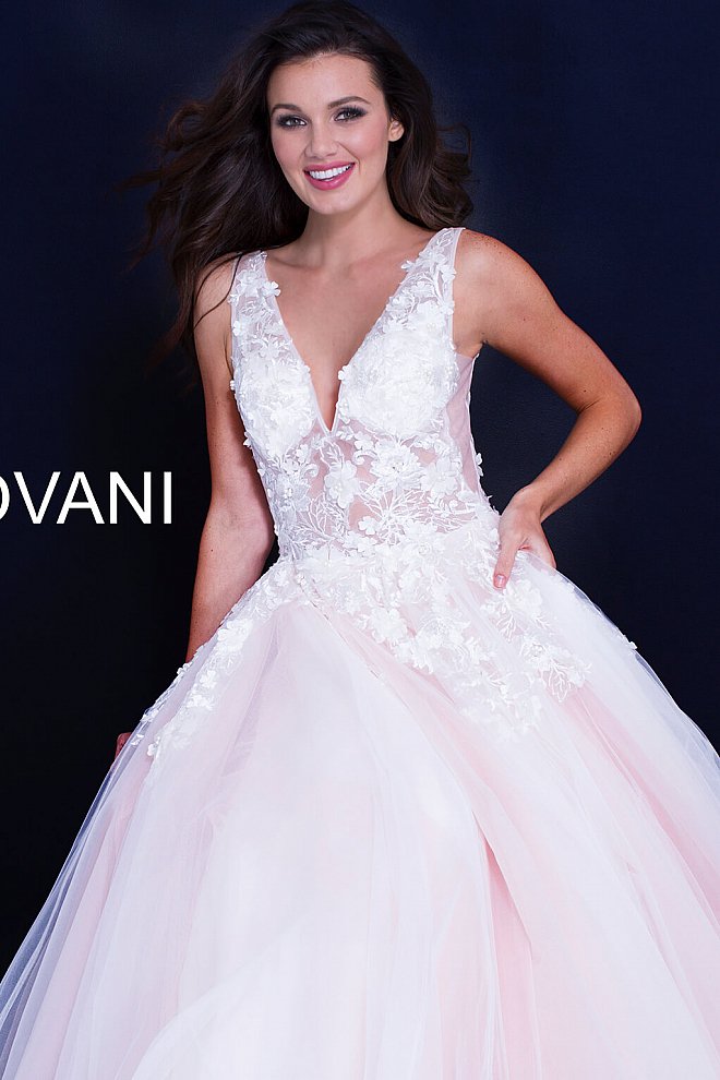 Jovani 55634 floral appliques v neckline prom dress ballgown.  Tulle ballgown, floor length, floral appliques, sheer sleeveless bodice, bra cups, v neckline and back.  Available Colors: champagne, navy/black, off white/blush, off white/light blue, off white/off white, off white/yellow, off white/ lilac, red, teal, black/black,   Available Sizes: 00 - 24