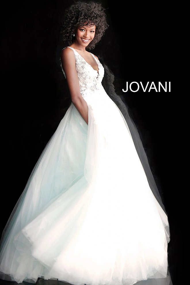Jovani 55634 floral appliques v neckline prom dress ballgown Tulle ballgown, floor length, floral appliques, sheer sleeveless bodice, bra cups, v neckline and back.  Available Colors: black, champagne, navy/black, off white/blush, off white/light blue, off white/off white, off white/yellow, off white/ lilac, red, teal  Available Sizes: 00 - 24