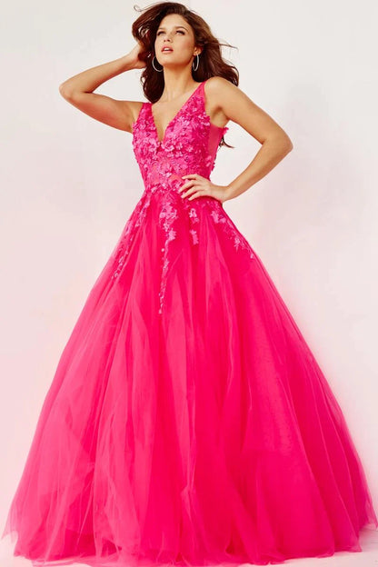 Jovani 55634 floral appliques v neckline prom dress ballgown Tulle ballgown, floor length, floral appliques, sheer sleeveless bodice, bra cups, v neckline and back.  Available Colors: black, champagne, navy/black, off white/blush, off white/light blue, off white/off white, off white/yellow, off white/ lilac, red, teal, Fuchsia  Available Sizes: 00 - 24