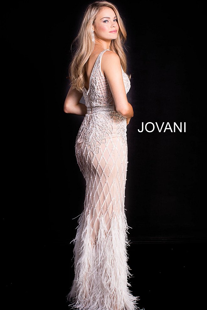 Jovani 55796 v neckline embellished prom dress with feather skirt