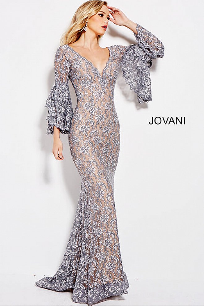 Jovani 57048 Size 6 Navy long bell sleeves evening gown embellished lace mermaid prom dress