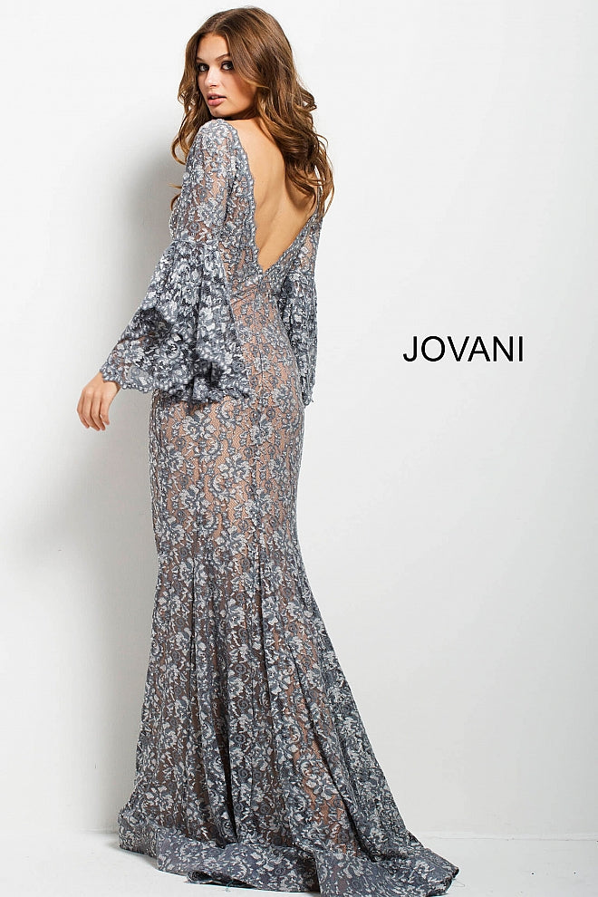 Jovani 57048 Size 6 Navy long bell sleeves evening gown embellished lace mermaid prom dress