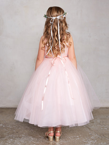 5805 Flower Girl Dress Size 4 Blush Girls Tea Length Lace Tulle Skirt