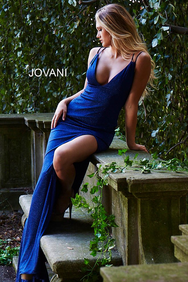Jovani JVN58557 Size 00 Red v neckline fitted glitter prom dress shimmer stretch
