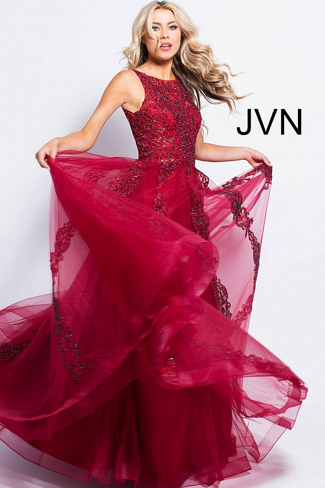 Jovani JVN59046 Fuchsia Prom Dress  Size 12 Sheer Tulle Lace High Neck Ballgown Formal Gown
