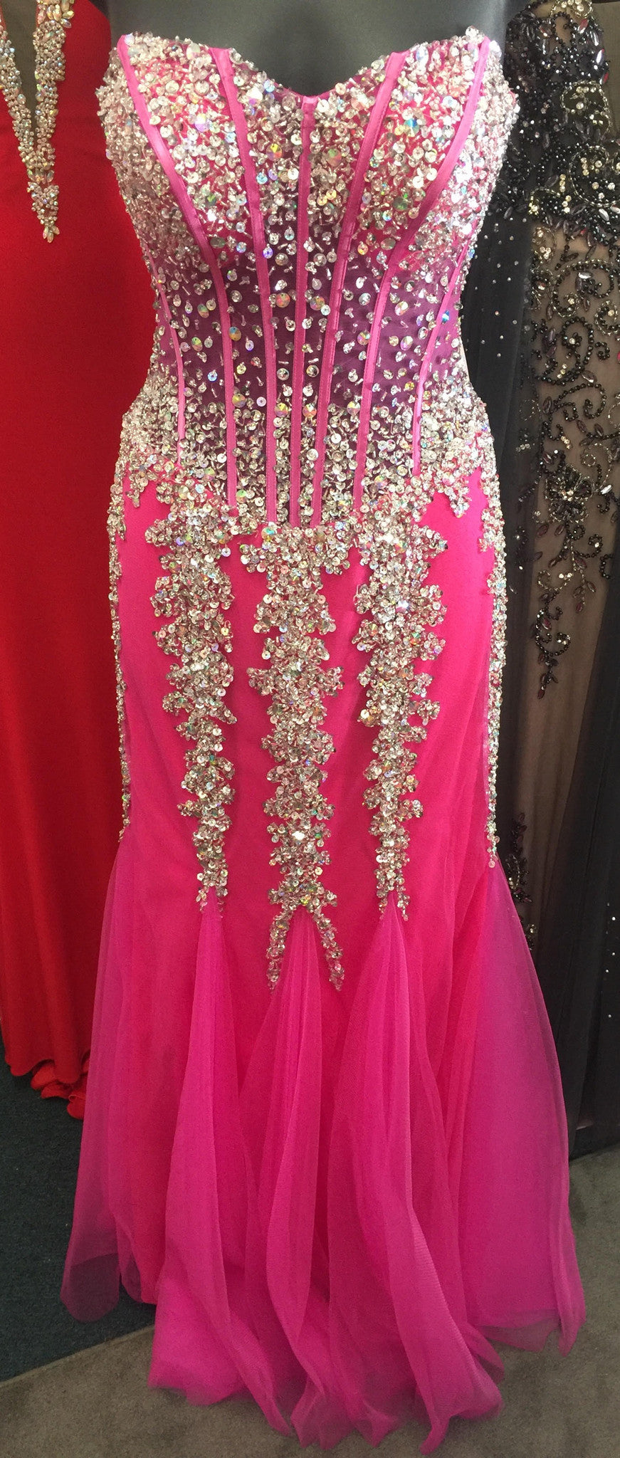 Jovani 5908 Stunning strapless mermaid prom dress features a sweetheart neckline and crystal embellished bodice. Evening gown pageant dress formal dress   Hot Pink /Silver size 2 