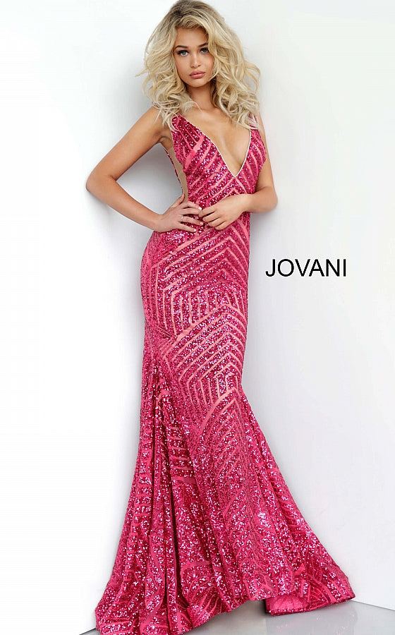 Jovani 59762 Deep V neckline Sequin Embellished mermaid Pageant Prom Dress, Deep V Neckline with sheer mesh side cutout panels. lush trumpet skirt with sweeping train  Available Color: Fuchsia  Available Size: 8