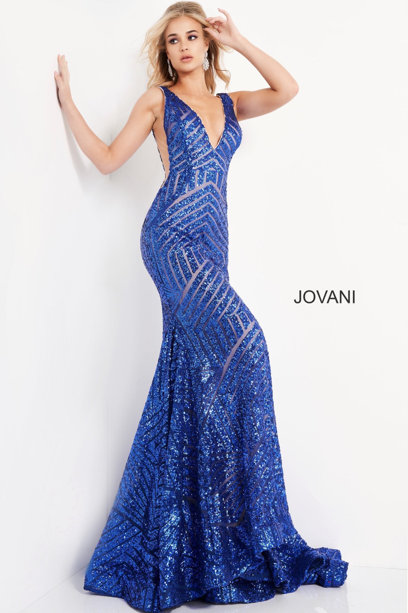 Jovani 59762 Sequin Embellished Mermaid Prom Dress Pageant Gown plunging neckline