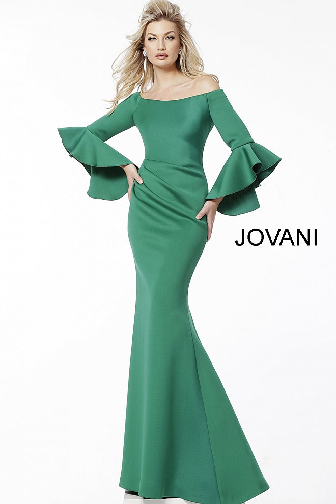 Blush Scuba Off the Shoulder Bell Sleeves Evening Dress 59993 Stretch scuba fabric, form fitting silhouette, floor length, slightly flare at bottom, ruching at waist, three quarter bell sleeves, off the shoulder neckline, bra cups. Formal evening Gown Available Sizes: 00,0,2,4,6,8,10,12,14,16,18,20,22,24  Available Colors: BLACK, BLUSH, FUCHSIA, GREEN, LIGHT-BLUE, NAVY, RED, ROYAL, WHITE, WINE