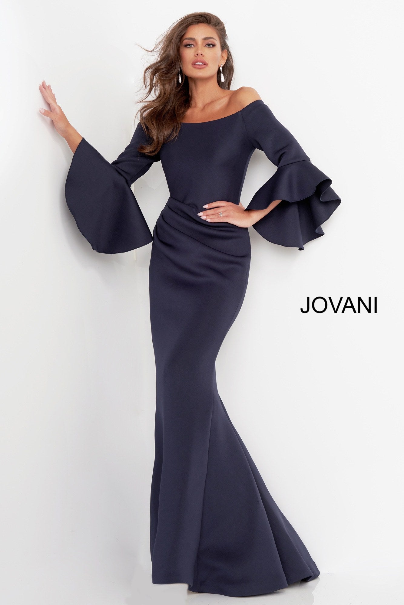 Jovani 59993 Scuba Off the Shoulder Bell Sleeves Evening Dress Formal Long Sleeve 14 / White