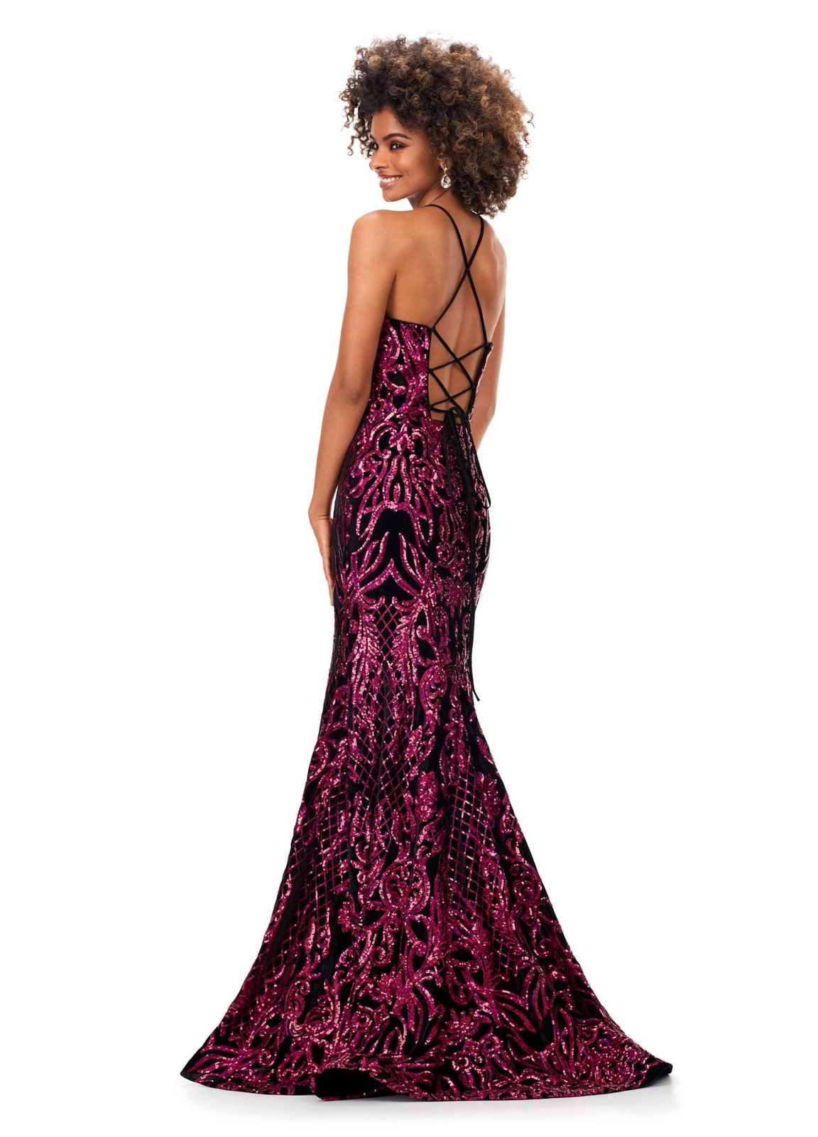 Ashley Lauren 11331 Make an entrance in this velvet sequin gown. The spaghetti straps are sure to provide the perfect fit. The sequin applique is perfectly placed throughout the gown to compliment your curves. The look is complete with a sweep train. Spaghetti Straps Lace Up Back Sweep Train Velvet Sequin COLORS: Blue, Fuchsia/Black, Turquoise/Royal
