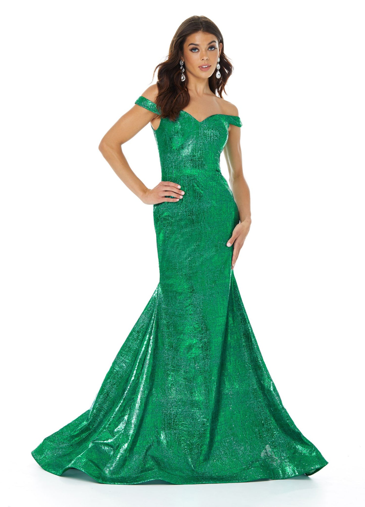 Ashley Lauren 11007 Let your curves do the talking in this off shoulder metallic jersey mermaid prom dress. The skirt on this evening pageant gown is finished with horsehair.  Colors  Emerald, Royal, Silver  Sizes 0, 2, 4, 6, 8, 10, 12, 14, 16, 18  Off Shoulder Metallic Jersey Mermaid Train