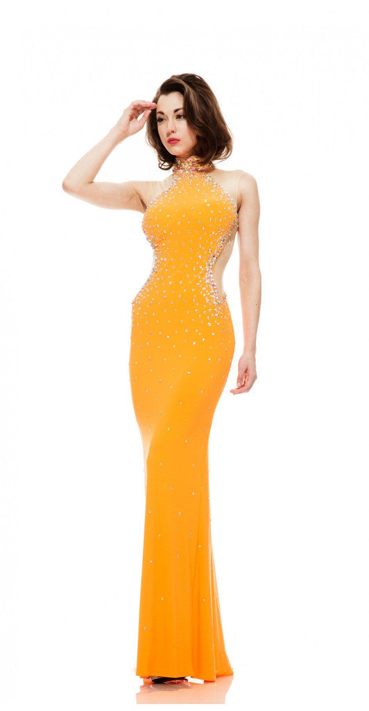 Johnathan Kayne style 6009 Size 2 Orange Neon Sheer High Neck Prom Dress Pageant Gown