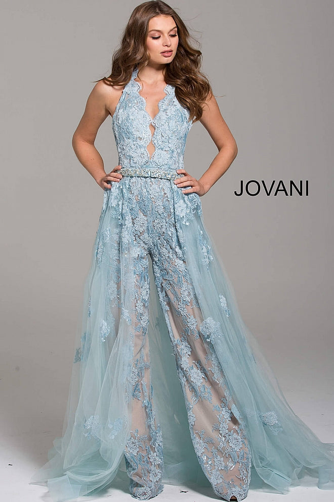 Jovani 60124 lace halter prom jumpsuit Romper Lace Detachable Skirt Dress