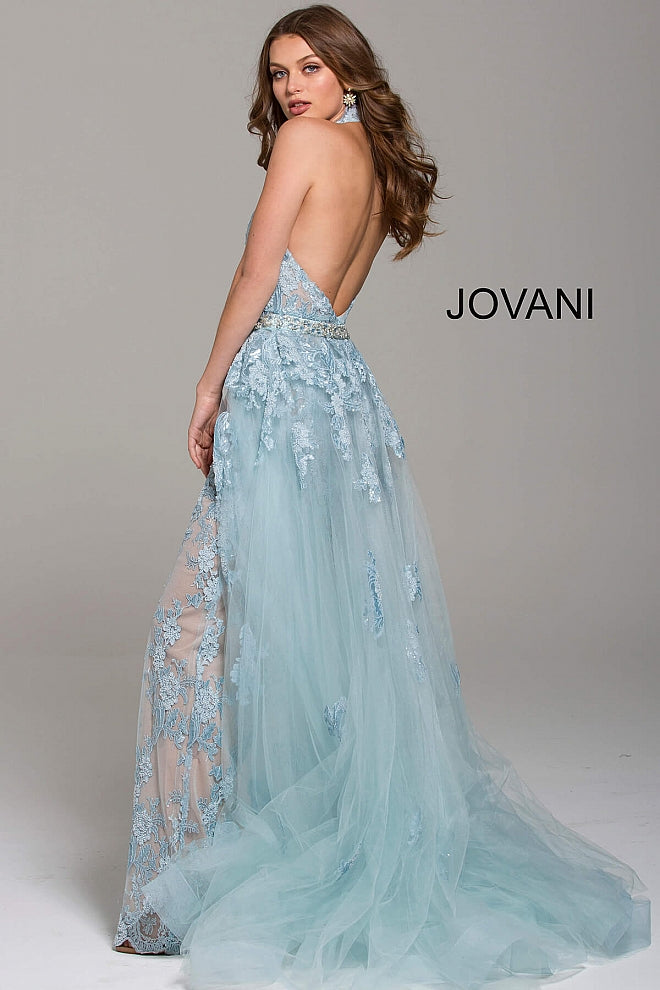 Jovani 60124 lace halter prom jumpsuit Romper Lace Detachable Skirt Dress