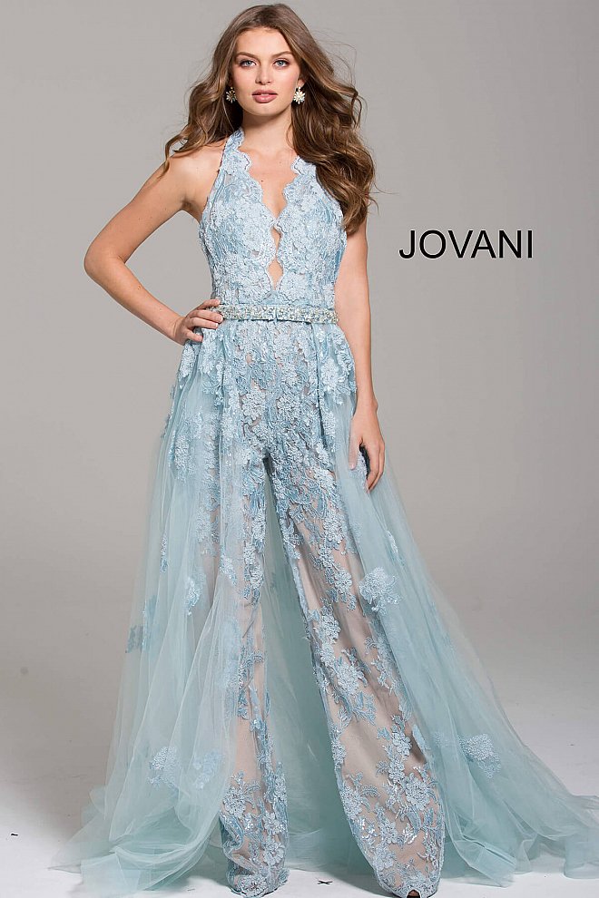 Jovani 60124 lace halter prom jumpsuit Romper Lace Detachable Skirt Dress