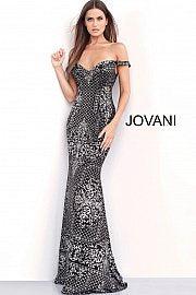 JVN60139 off the shoulder fitted glitter prom dress evening gown