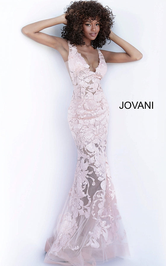Jovani 60283  Plunging Neckline Prom Dress 60283 Evening gown Sheer mesh, sequin flower appliques, form fitting silhouette, floor length, sleeveless bodice, plunging V neck, V back, sheer mesh inserts on the sides. Available size 10 - Red