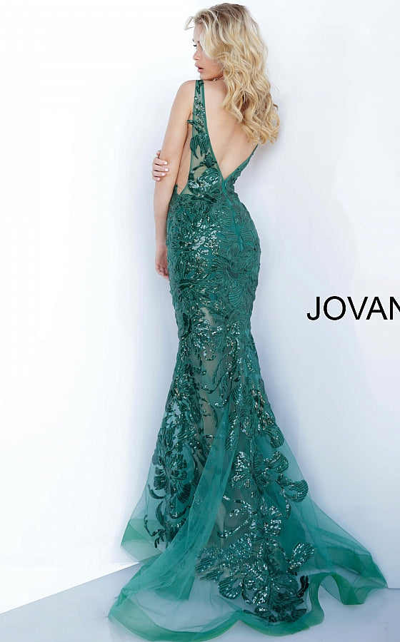 Jovani 60283 Available Colors: black, forest, fuchsia, light-blue, red, rose/gold, royal, tangerine, white, yellow Available Sizes: 00 - 24 Closure: Invisible Back Zipper with Hook and Eye Closure.   Details: Sheer mesh, sequin flower appliques, form fitting silhouette, floor length, sleeveless bodice, plunging V neck, V back, sheer mesh inserts on the sides. Long sheer embroidered and sequined deep v neck sleeveless formal gown with an open v-back by Jovani.