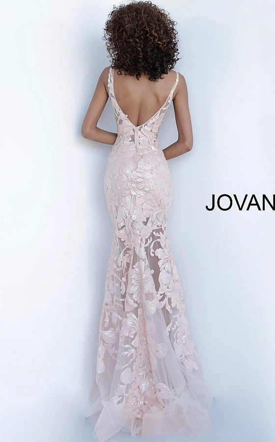 Jovani 60283 Available Colors: black, forest, fuchsia, light-blue, red, rose/gold, royal, tangerine, white, yellow Available Sizes: 00 - 24 Closure: Invisible Back Zipper with Hook and Eye Closure.   Details: Sheer mesh, sequin flower appliques, form fitting silhouette, floor length, sleeveless bodice, plunging V neck, V back, sheer mesh inserts on the sides. Long sheer embroidered and sequined deep v neck sleeveless formal gown with an open v-back by Jovani.