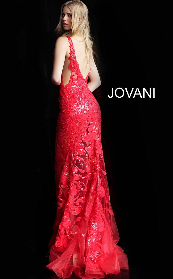 Jovani 60283 Plunging Neckline Prom Dress 60283 Evening Gown Sheer mesh, sequin flower appliques, form fitting silhouette, floor length, sleeveless bodice, plunging V neck, V back, sheer mesh inserts on the sides. Long sheer embroidered and sequined deep v-neck sleeveless formal gown with an open v-back by Jovani. sheer bodice & Top as well as skirt. Backless Dress Open Back Red Carpet Dress 