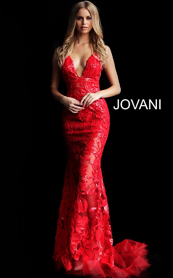 Jovani 60283 Plunging Neckline Prom Dress 60283 Evening Gown Sheer mesh, sequin flower appliques, form fitting silhouette, floor length, sleeveless bodice, plunging V neck, V back, sheer mesh inserts on the sides. Long sheer embroidered and sequined deep v-neck sleeveless formal gown with an open v-back by Jovani. sheer bodice & Top as well as skirt. Backless Dress Open Back Red Carpet Dress 