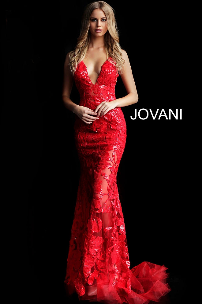 Jovani 60283 size 10 Red Prom Dress sequin floral Lace sheer formal evening gown plunging neckline mermaid Jovani 60283 size 10 Red Prom Dress sequin floral Lace sheer formal evening gown plunging neckline mermaid