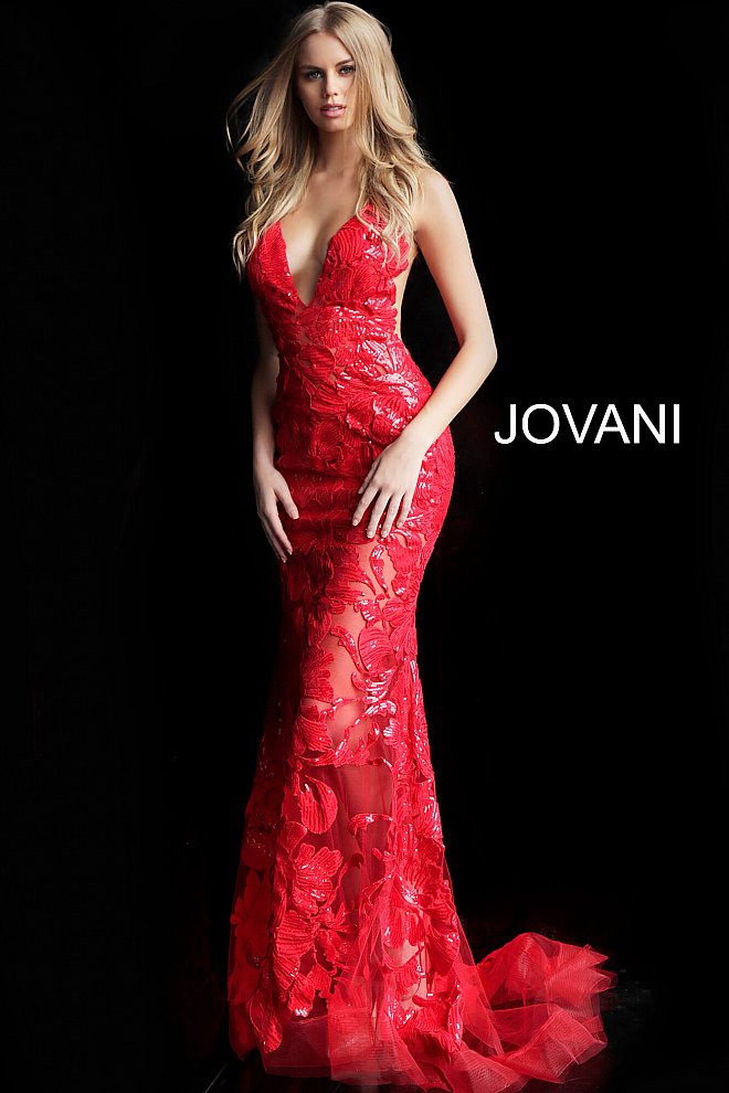 Jovani 60283 size 10 Red Prom Dress sequin floral Lace sheer