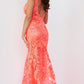 Jovani 60283 Size 4 Neon Coral Long Floral Sheer Sequin Formal Evening Prom Dress V Neck Gown