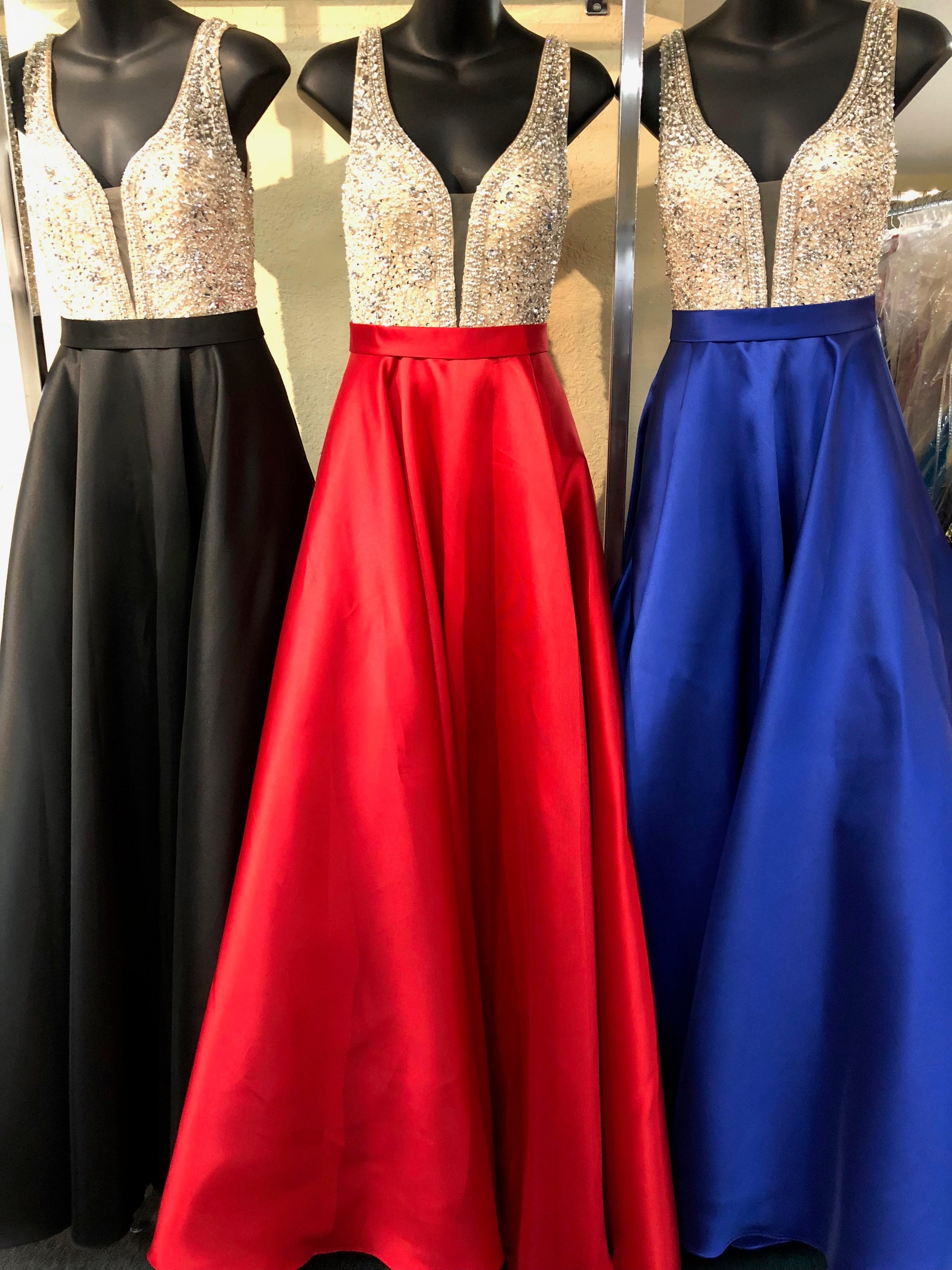 JVN60696 Primary colors Black, Royal Blue and Red  embellished plunging neckline mikado a line prom dress ball gown evening gown pageant dress 