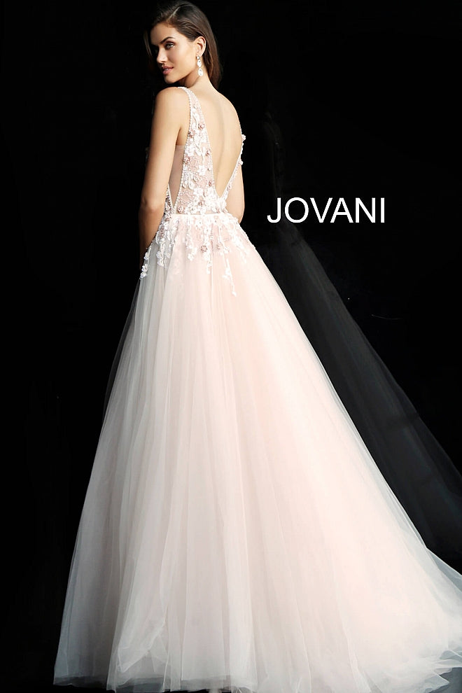 Jovani 61109 Blush floral applique tulle prom ball gown with a sheer sleeveless bodice, low v-neckline, V-shaped back and sheer sides, floor-length A-line flared and pleated skirt. A line V Neck Ballgown Prom Dress  Available Colors: Blush, Light Blue  Available Sizes 00-24
