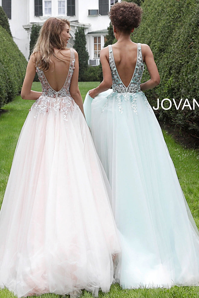 Jovani 61109 Blush floral applique tulle prom ball gown with a sheer sleeveless bodice, low v-neckline, V-shaped back and sheer sides, floor-length A-line flared and pleated skirt. A line V Neck Ballgown Prom Dress  Available Colors: Blush, Light Blue  Available Sizes 00-24
