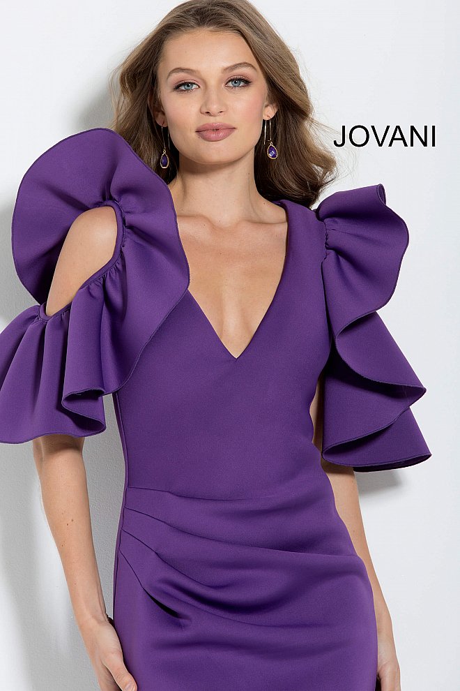 Jovani Purple Ruched Bodice Long Scuba Evening Gown 61518