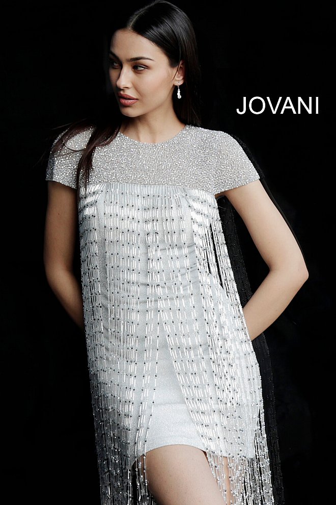 Jovani Silver Fringe High Neck Short Sleeve Cocktail Dress 61780