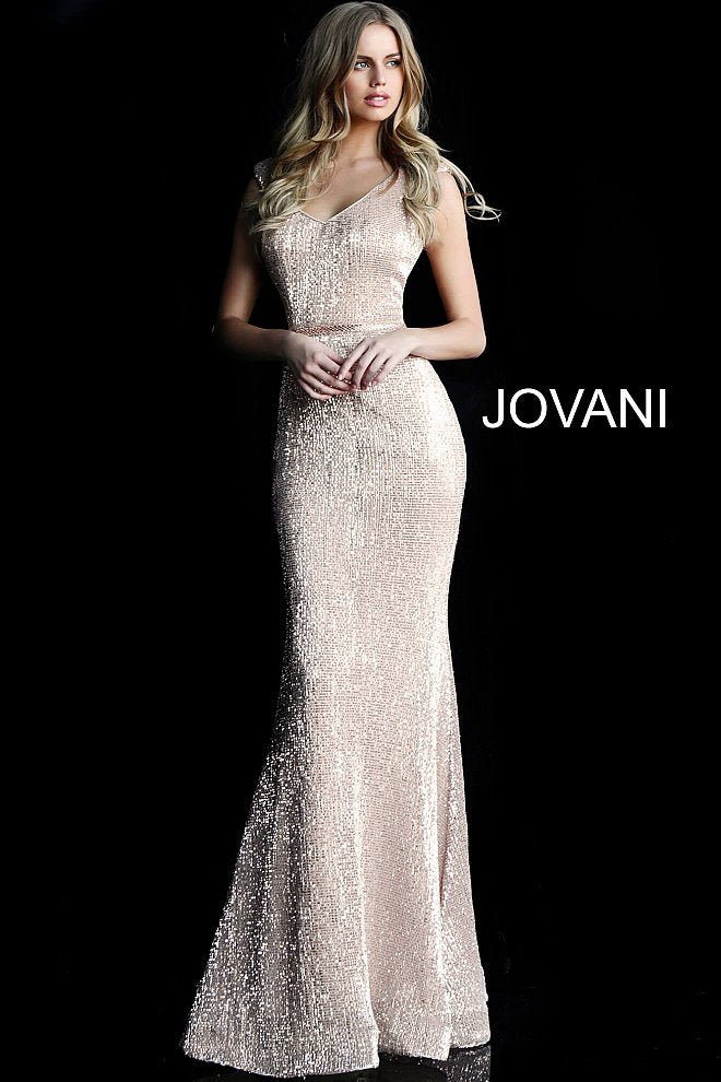 JVN62499 Light pink sequin embellished prom dress with cap sleeve fitted bodice, v-neckline and v-back, embellished waist belt and floor-length fitted skirt with a lightly flared end. 