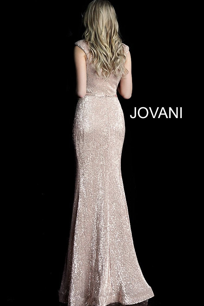 JVN62499 Light pink sequin embellished prom dress with cap sleeve fitted bodice, v-neckline and v-back, embellished waist belt and floor-length fitted skirt with a lightly flared end. 