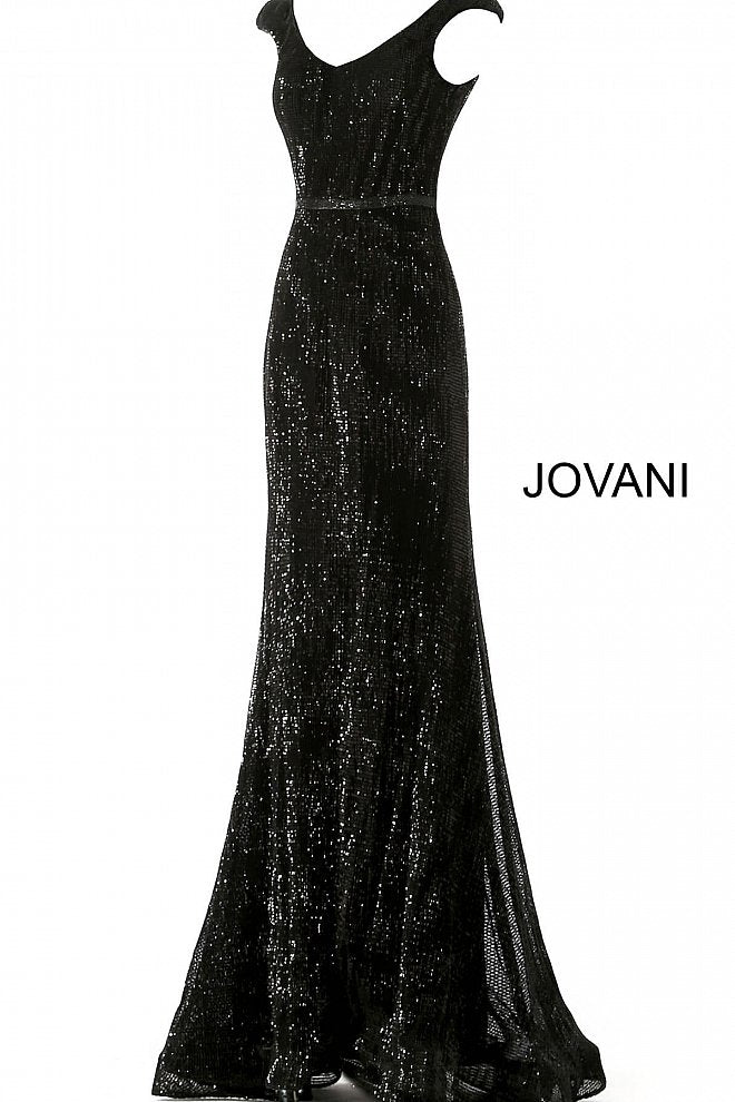 JVN62499 Black sequin embellished prom dress with cap sleeve fitted bodice, v-neckline and v-back, embellished waist belt and floor-length fitted skirt with a lightly flared end. 