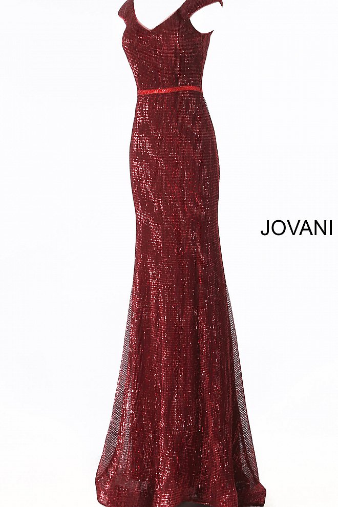 JVN62499 Burgundy sequin embellished prom dress with cap sleeve fitted bodice, v-neckline and v-back, embellished waist belt and floor-length fitted skirt with a lightly flared end. 