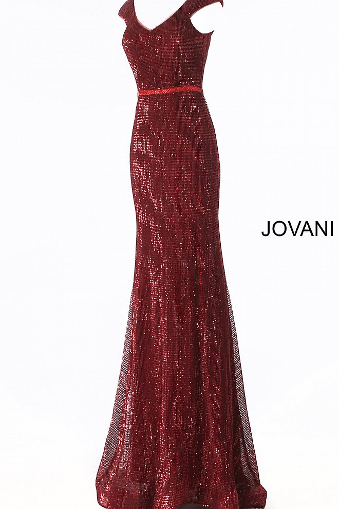 JVN62499 Burgundy sequin embellished prom dress with cap sleeve fitted bodice, v-neckline and v-back, embellished waist belt and floor-length fitted skirt with a lightly flared end. 