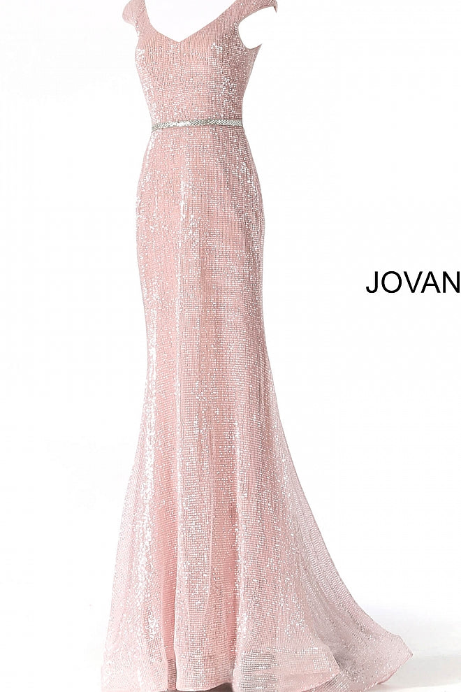 JVN62499 Light pink sequin embellished prom dress with cap sleeve fitted bodice, v-neckline and v-back, embellished waist belt and floor-length fitted skirt with a lightly flared end. 