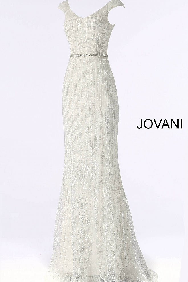 JVN62499 White sequin embellished prom dress with cap sleeve fitted bodice, v-neckline and v-back, embellished waist belt and floor-length fitted skirt with a lightly flared end. 
