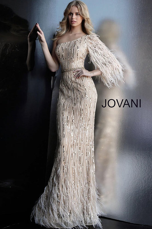 Jovani 63342 Gold one shoulder feather detail evening dress