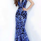 Jovani 63349 Blk/Royal sz 2 Sequin Mermaid Prom Dress Long Fitted Pageant off the shoulder
