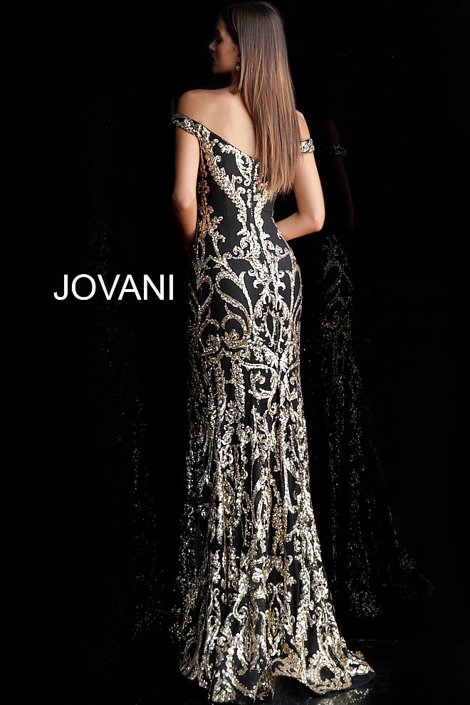Jovani 63349 Long Fitted sequin embellished Damask Print pageant gown with off the shoulder straps, sexy fit & Flare mermaid 2020 prom dresses, Pageant dresses & Formal Evening wear by Jovani! Lush Skirt with sweeping train. Long Sequin off the shoulder Prom Dress Pageant Mermaid Gown  Available Colors: Blush