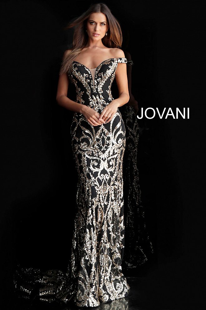 Jovani 63349 Long Fitted sequin embellished Damask Print pageant gown with off the shoulder straps, sexy fit & Flare mermaid 2020 prom dresses, Pageant dresses & Formal Evening wear by Jovani! Lush Skirt with sweeping train. Long Sequin off the shoulder Prom Dress Pageant Mermaid Gown  Available Colors: Blush