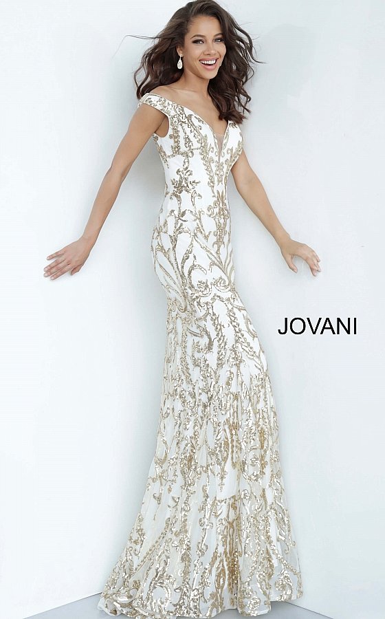 Gold Mermaid Dress White And Gold Evening Dress Jovani 63349 Size