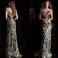 Jovani 63349 Long Fitted sequin embellished Damask Print pageant gown with off the shoulder straps, sexy fit & Flare mermaid 2020 prom dresses, Pageant dresses & Formal Evening wear by Jovani! Lush Skirt with sweeping train.