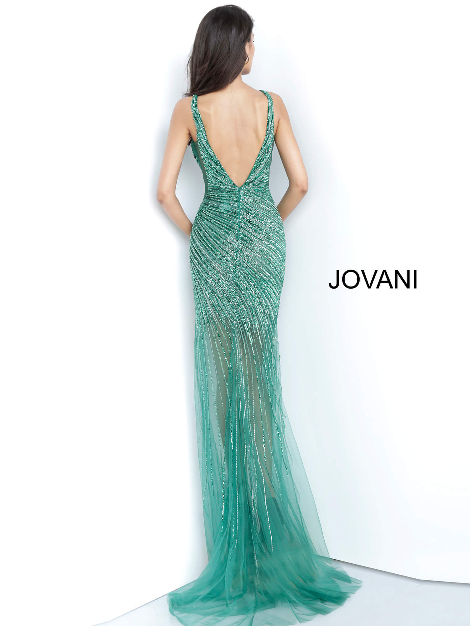 Jovani 63405 Sheer High Low Side Slit Beaded Formal Dress Prom Pageant Gown fully beaded long prom dress with low v-neckline, sleeveless fitted bodice, sheer side panels and v-back, floor length fitted sheer skirt with high open side slit. Glass Slipper Formals